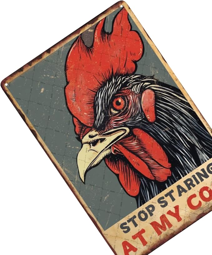 Chicken Metal Tin Sign Stop Staring At My Cock Sign Farmhouse Sign Funny Rooster Wall Decor Funny Chicken Signs For Farm Farmhouse Chicken Coop Rustic Kitchen Wall Decor Poster 8x12 Inch