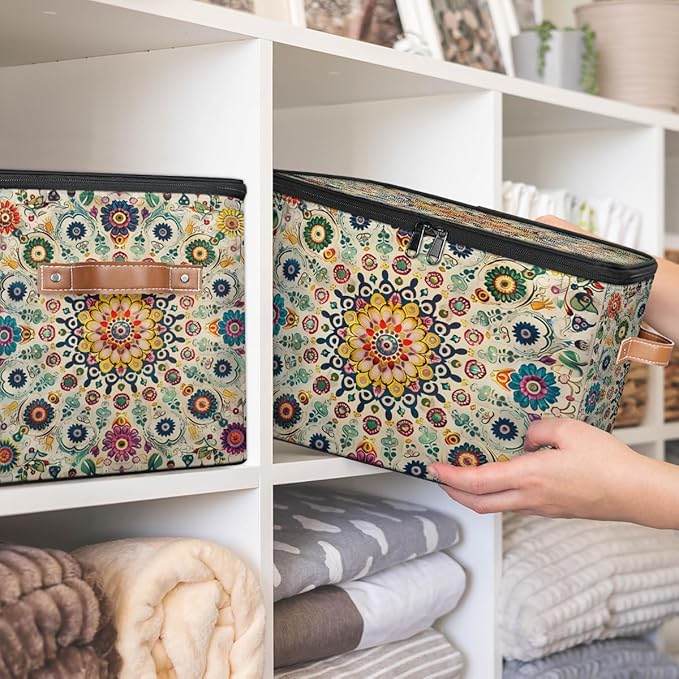 Vintage Boho Storage Bins with Zipper Lid Fabric Storage Containers for Clothes Collapsible Closet Storage Basket with Metal Frame 1 Pack