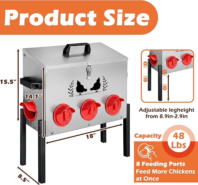 Large Capacity Automatic Chicken Feeder, 8 Port Chicken Feeder, 48LB Metal Chicken Feeders with Locking Lid & Adjustable Legs, No Waste Chicken Feeder, Silver