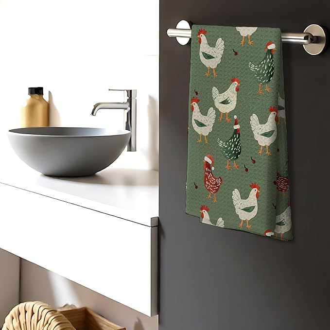 Funny Green Christmas Chicken Kitchen Towels,Chicken Gifts Farm Christmas Decorations Hand Towels for Bathroom,16x24 Inch