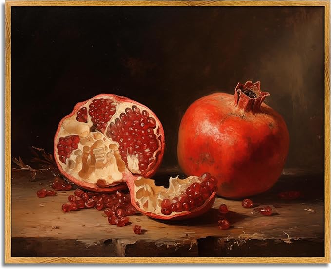 Vintage Pomegranate Print Rustic Fruit Pictures Still Life Artwork Moody Pomegranate Poster Vintage Fruit Still Life Prints Cottagecore Kitchen Wall Art Modern Farmhouse Painting Framed 8x10inch