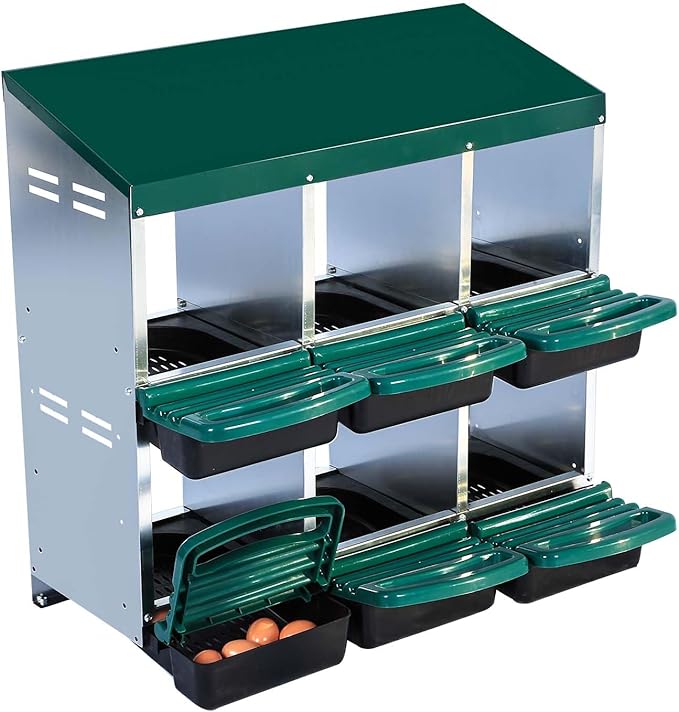 6-Compartment Roll-Away Metal Chicken Nesting Box – Durable Hen Laying Box with Protective Lid, Easy Egg Collection, Stand with Bracket Legs for Coops, Green