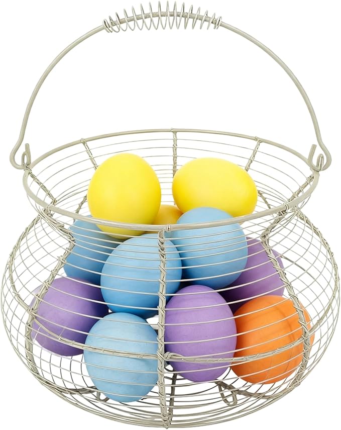 Egg Collecting Basket - Vintage Woven Wire Organizer, Chicken Egg Basket, With Handle Counter Ovum Holder | For Kitchen Counter Farmhouse Garden Harvest Fruit Vegetable Easter Festival
