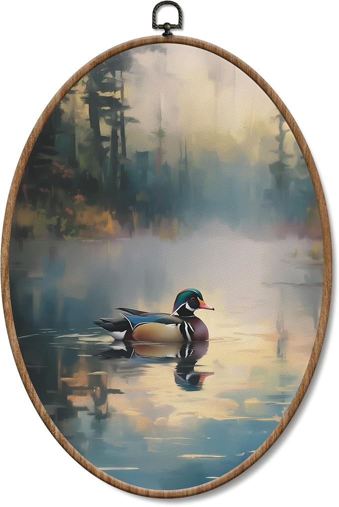 Yorhifa Vintage Duck Hunting Framed Wall Art, Farmhouse Misty Lake Landscape Oval Wall Art, Nature Duck Hunting Oval Walls Decor, Cabin Canvas Artwork Hanging Decor, 8.5x11.5in