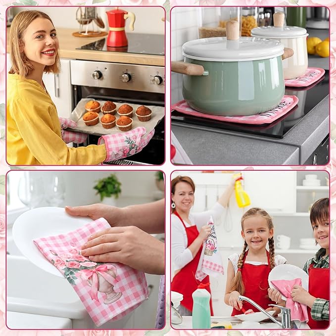 10 Pcs Pink Rose Kitchen Decor Set Towels and Rugs Oven Mitts and Pot Holders Farmhouse Spring Kitchen Decor Set for Women Mom Gift Cooking Baking Grilling