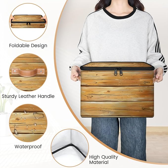 Rustic Texture Wood Storage Bins with Zipper Lid Fabric Storage Containers for Clothes Collapsible Closet Storage Basket with Metal Frame 2 Pack