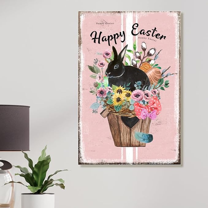 Happy Easter Flower Basket Bunny Home Wall Art Plaques French Style Floral Pink Stripes Wall Art Decor Sign Spring Farmhouse Decor Easter Bunny Wall Decor Sign for Bedroom 8x12in
