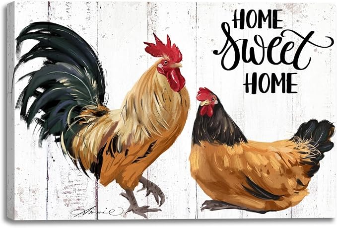 Farmhouse Rooster Wall Art Canvas Print - Rustic Kitchen Decor Painting for Home, Country Chicken Themed Artwork 10“x15"