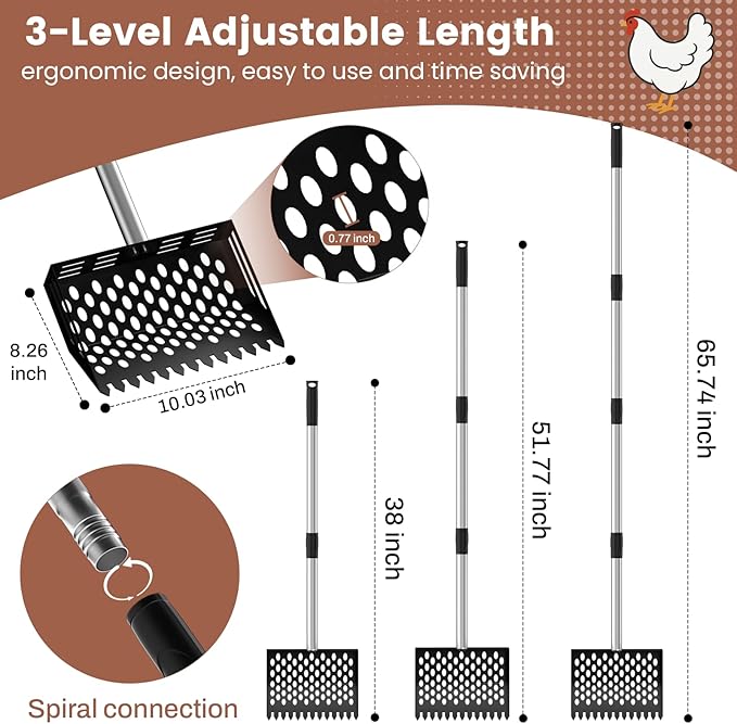 2-in-1 Chicken Poop Scooper & Rake,10" Wide Metal Sand Sifting Shovel with Grip,Chicken Pooper Scooper for Poop Shavings,Litter Scooper for Chicken Coop Accessories,Adjustable Handle (24" to 66")