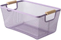 Metal Mesh Steel Basket, Medium Wire Storage Organizer Basket Multi-function Hanging Kitchen Basket with Wood Handle for Kitchen Bathroom Picnic Home, Rectangle-Purple