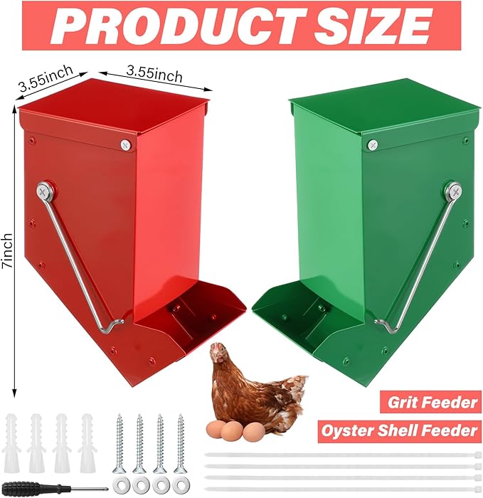 Zonon 2 Pcs Chicken Oyster Shell and Grit Feeder Metal Automatic Feeder with Lid Chicken Coop Accessories Multiple Installation Methods for Hens Chicks Cages Wall Pillar(Green and Red)