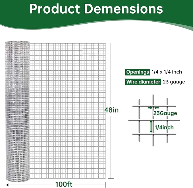 Amagabeli Galvanized Hardware Cloth 1/4 Inch 48in x 100ft 23gauge Chicken Wire Fence Weld Wire Mesh Roll Garden Fencing Plant Supports Poultry Netting Snake Fence Gopher Wire Rabbit cage Tree Guard