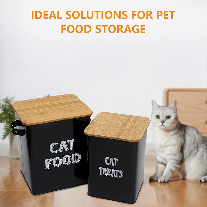 Cat Food Storage Container Farmhouse Pet Food Treats Bin with Lid and Scoop, Perfect Sturdy Canister Tins for Kitchen Countertop, Shelf, Great Gift for Pet Owners - Cat Food - Black