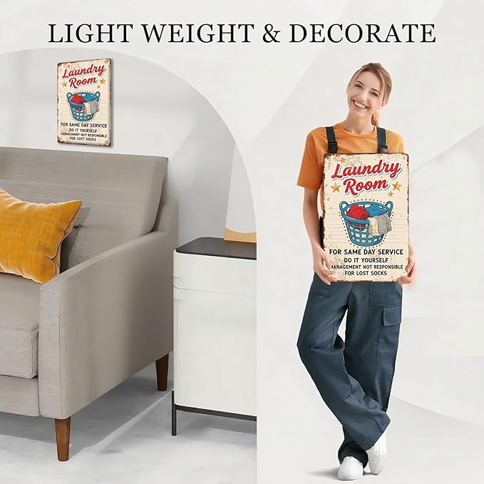 Vintage Laundry Room Metal Tin Sign Retro Styled Wall Art for Bathroom Decor and Utility Room Wall Display 8X12Inch