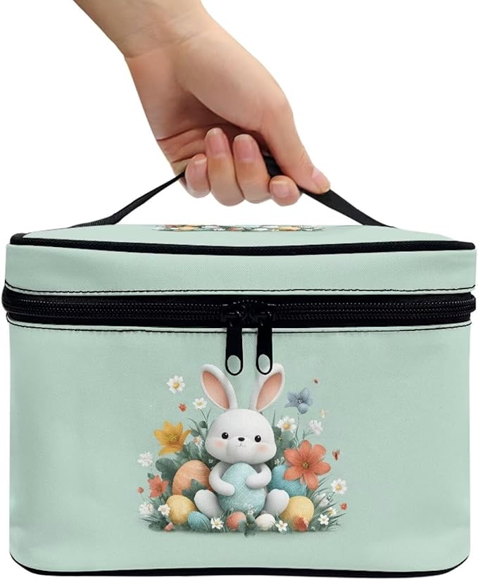 Rabbit Floral Easter Egg Print Travel Makeup Bags for Women Portable Tote Cosmetic Case with Carry Handle Toiletry Accessories Storage Organizer Bags Green