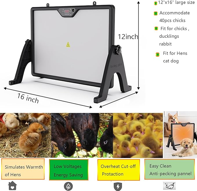 Smart Chick brooder Heating Plate for Chick 12"x16" Chicken coop Heater with Thermostat Radiant Heat Plate Panel with Adjustable Temperature, Timer,Remote Control for Winter Heating