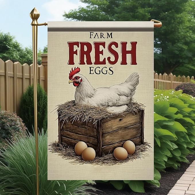 Farm Fresh Eggs Garden Flag 12x18 Inch Double Sided Outdoor Yard Banner Hen on Nest Rustic Farmhouse Country Decor for Garden Porch Patio Lawn Home Decoration