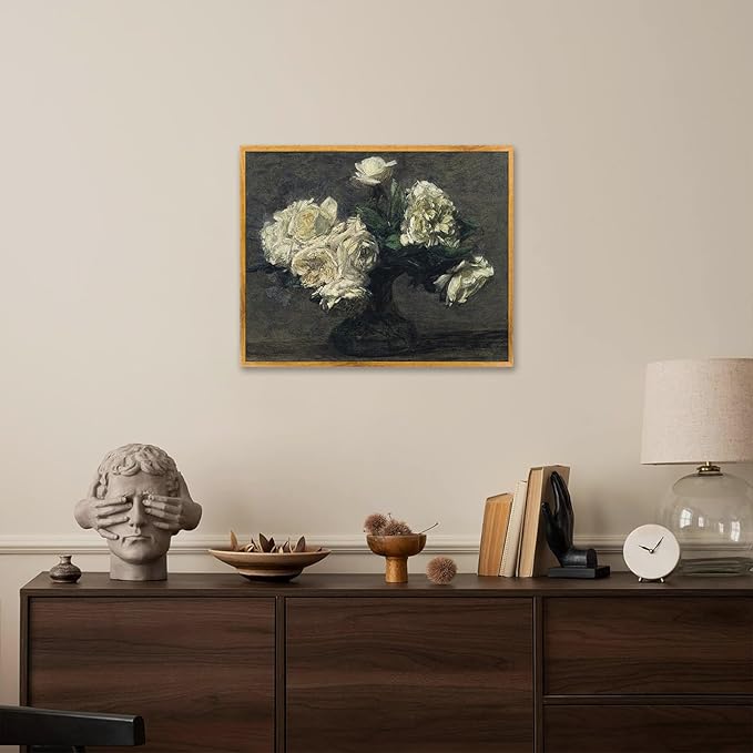 White Flower Framed Canvas Wall Art Rustic Botanical Prints Moody Artwork Dark Floral Paintings Blooming Flowers Poster Farmhouse Flower Pictures White Floral in Vase Wall Art 8x10inch Framed