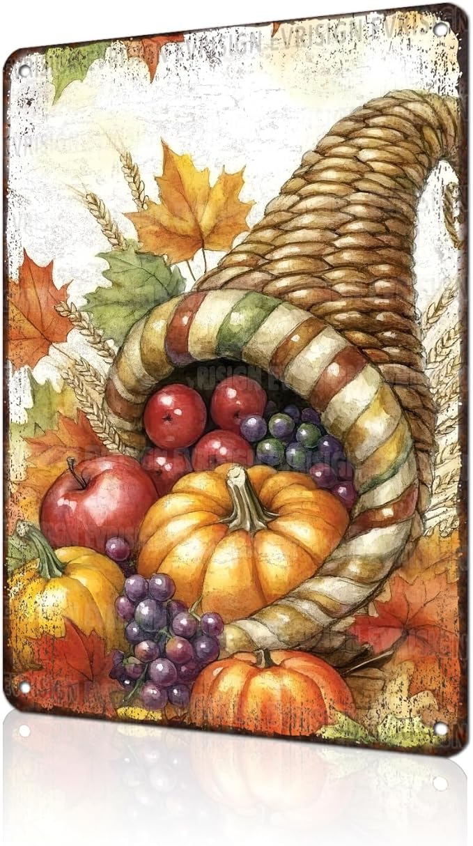 Fall Thanksgiving Cornucopia Metal Tin Sign Thanksgiving Dining Room Decor for Autumn Feast Accent Walls 8x12Inch