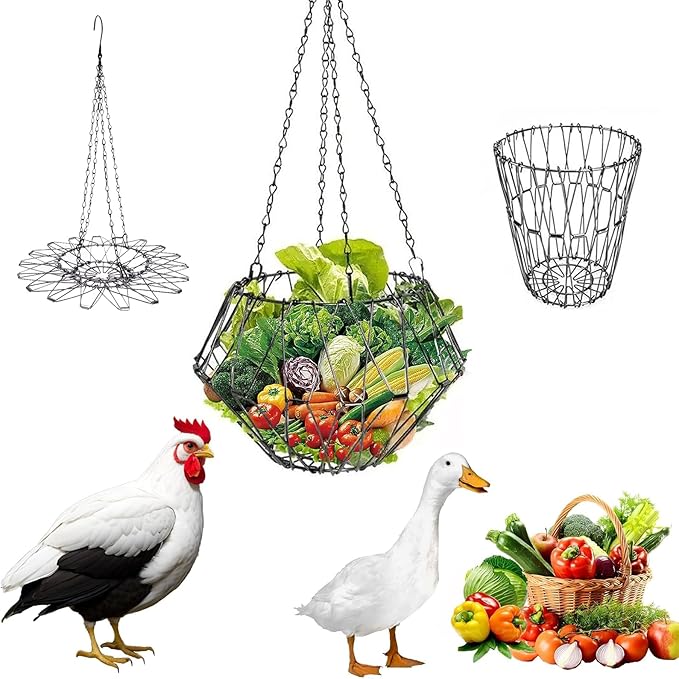Hanging Chicken Feeder,Foldable Large Poultry Accessories Vegetable Fruits Feeder Basket with 4 Firm Hanging Chain and Hook,Chicken BoredomToys for Coop (1 Pack)