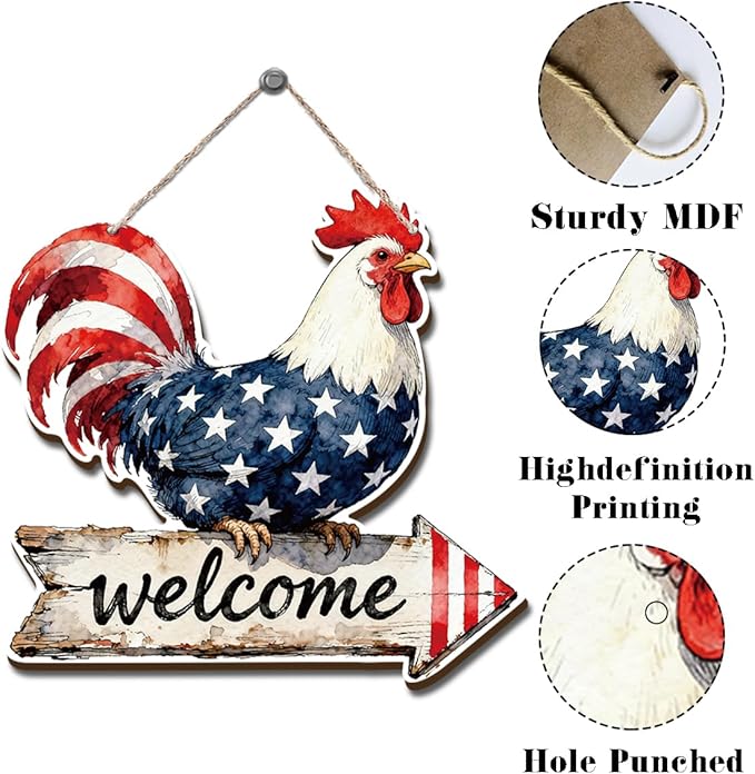 Independence Day Decor, American Flag Rooster Welcome Signs, Hanging Wood Sign Home Decorative, Printed Wood Wall Art Signs, Welcome Sign for Front Door, Farmhouse Porch Decor, 10x9.8 Inches