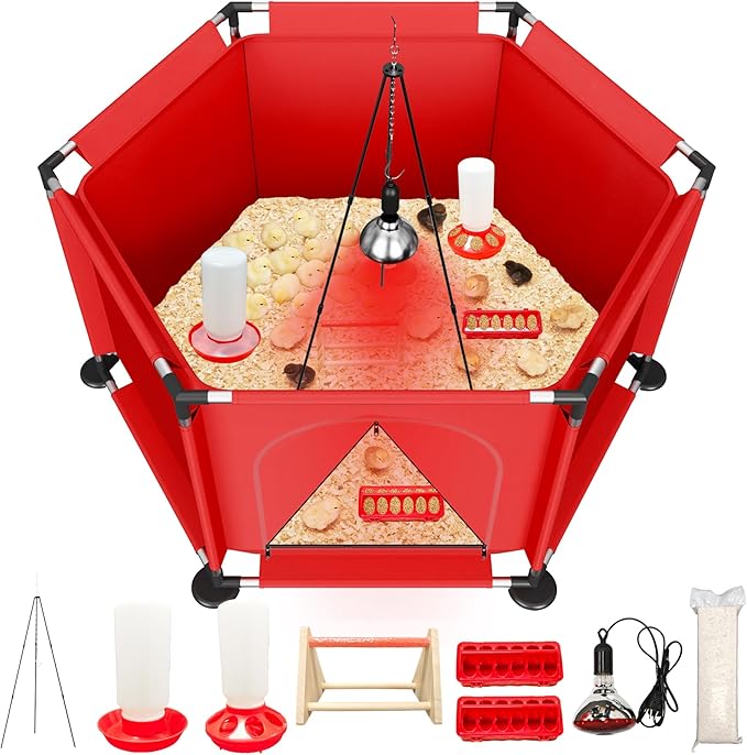 Chicks Brooder Box for Chicken Starter Kit–Includes Heat Lamp, Chick Feeder and Waterer Set, Perch & Sawdust for Up to 30 Baby Chicks, Ducklings & Quail–Complete Poultry Brooder Set