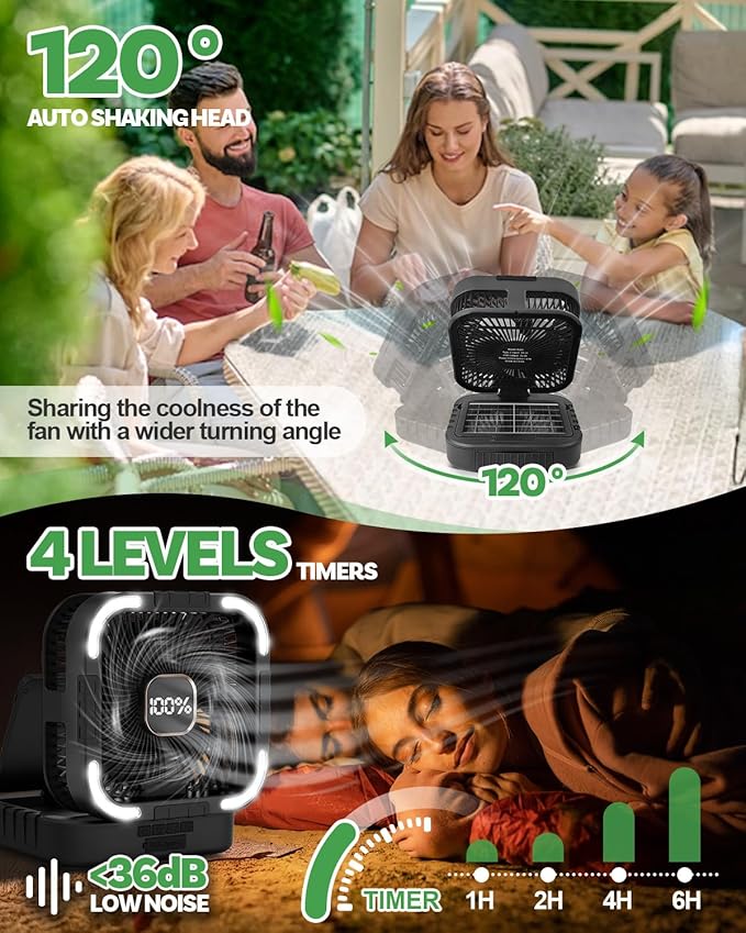 25000mah Camping Solar Fan, 120° Oscillation Rechargeable Solar Powered Fan with LED Light, 6 Adjustable Speeds Battery Powered Portable Fans, USB-C Fans for Travel Tent Camping Accessories