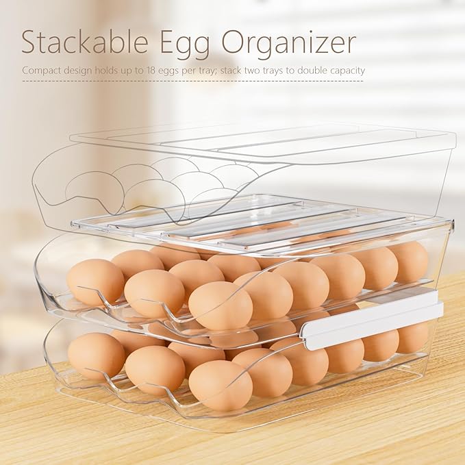 Egg Holder for Fridge 16 Capacity Automatic Rolling Egg Organizer for Refrigerator, Clear Stackable Container for Kitchen or Pantry Storage 1 Pack