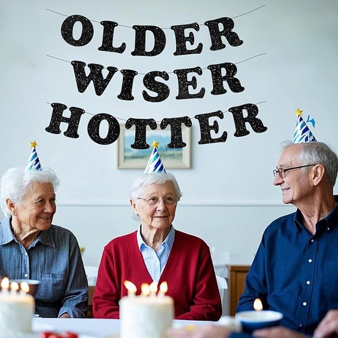 3pcs Pre-Strung Older Wiser Hotter Banner Funny Black Birthday Bunting Sign for Women Men 30th 40th 50th 60th 70th 80th Birthday Party Decorations