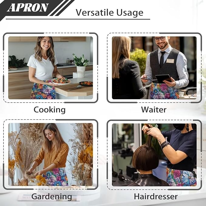 Waist Apron with 3 Pockets Waterproof 13 Inch Short Half Waist Aprons Women Men Server Aprons Waitress Waiter Apron