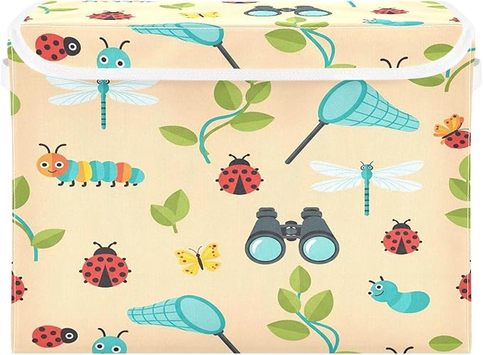 Dragonfly Caterpillar Butterfly Net Storage Bins with LidsBinoculars Leaves Bug Foldable Storage Basket with Handles Collapsible Large Fabric Organizer Containers for Clothes Shelves Closet Off
