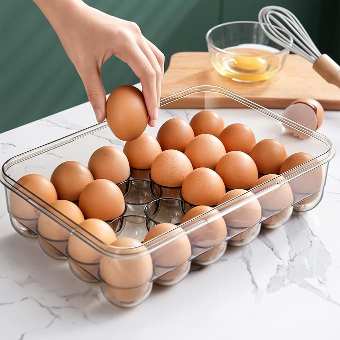 CottonColors Egg Holder for Fridge 24 Container for Refrigerator Plastic Organizer for Refrigerator Stackable Storage With Lids for Timer
