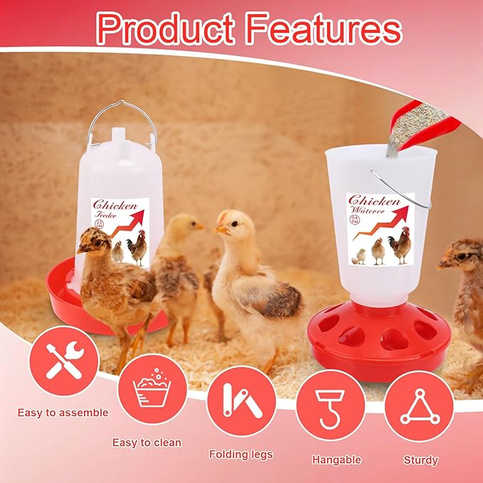 Chick Feeder and Waterer Set Top Fill 3.3LB Feeder and 0.4Gal Waterer with 3 Adjustable Heights Legs for Chicks