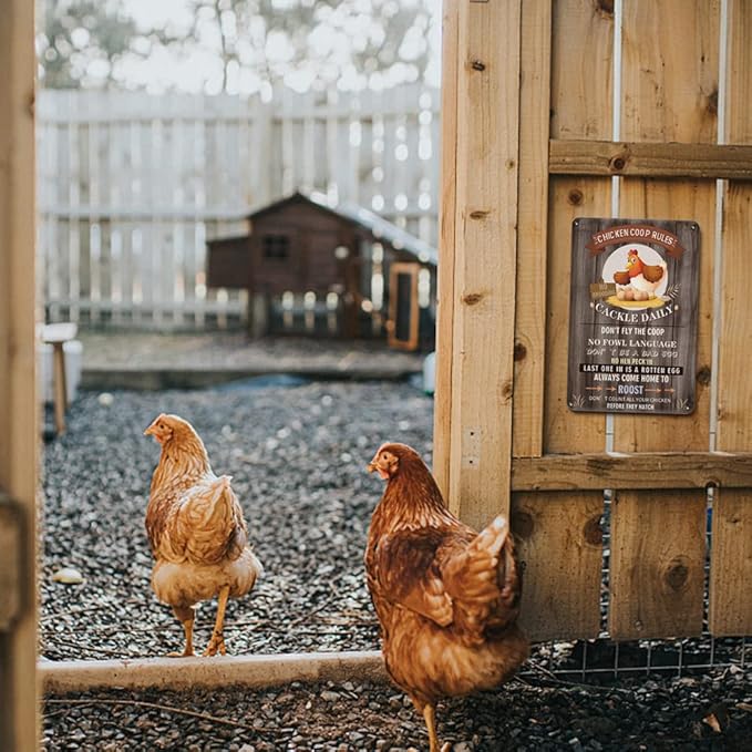 YOYI ART Funny Chicken Coop Rules Sign - Rustic Vintage Metal Chicken Signs, Chicken Coop Decor Sign for Outdoor Farmhouse, Chicken Decor Outdoor for Farm Fence, Chicken Gifts for Women, 8 x 12 inch