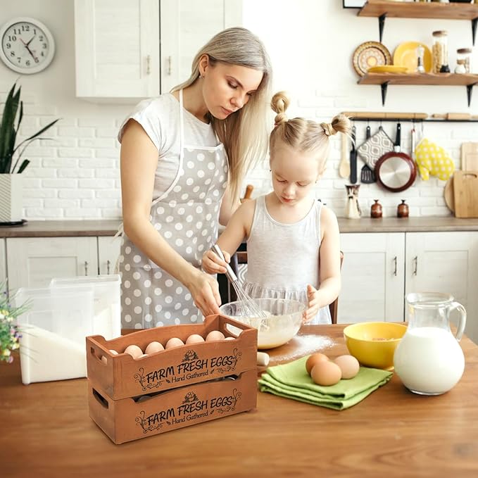 YOUEON Wooden Egg Holder for Countertop, Stackable 2-Tier Egg Crates for 24 Eggs with Handle, Farmhouse Rustic Pinewood Egg Storage Box with “Farm Fresh Eggs” Print, No Assembly Needed