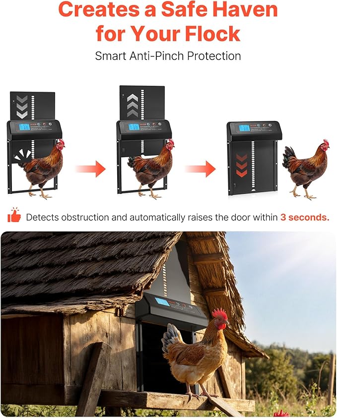 VEVOR Automatic Chicken Coop Door, Battery Powered Chicken Coop Door with Timer & Manual Setting, Anti-Pinch Security, Durable Aluminum Alloy, Auto Chick Run Gate Opener with Waterproof Sealing, Black