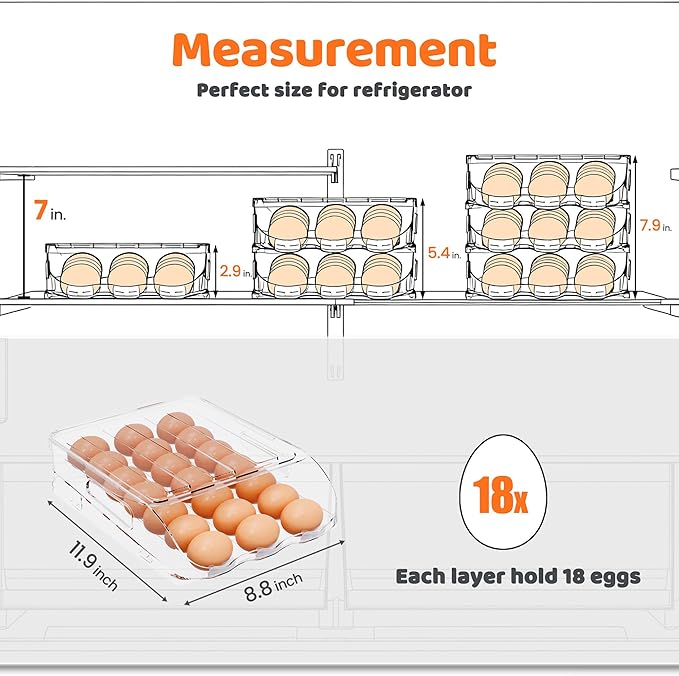 Egg Holder for Fridge, Automatic Steady Rolling Egg Dispenser with Silicone Bumpers & Handle for Refrigerator, Large Capacity Egg Organizer with Lid