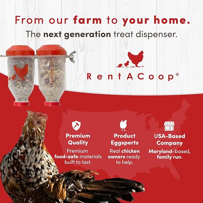 RentACoop Chicken Treat Dispenser – Multi-Treat Enrichment Toy and Boredom Buster for Chickens, Easy Top-Fill, Wall-Mounted Chicken Coop Accessory - Indoor/Outdoor