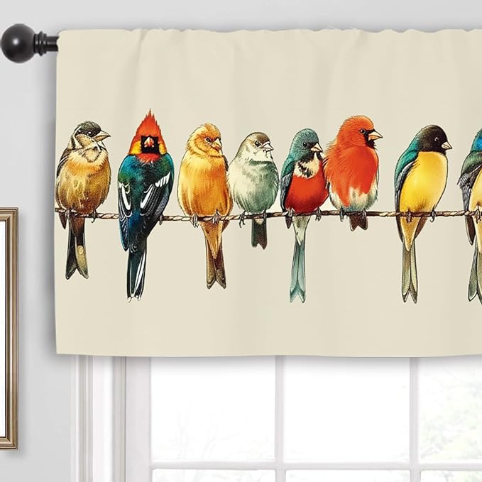 Miyotaa Birds Kitchen Curtain Valance 54W x 18H Rod Pocket Vintage Retro Colorful Window Treatment for Living Room Bedroom Bathroom