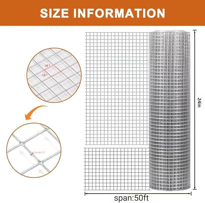 Hardware Cloth, 1/2 inch 24inx50ft 21GA Hot-dip Galvanized Wire Mesh, Wire Fence, Chicken Wire Mesh,Poultry Farming, Garden Fence,Wire Mesh, Tree Protection, Gopher Wire, Rabbit Wire.