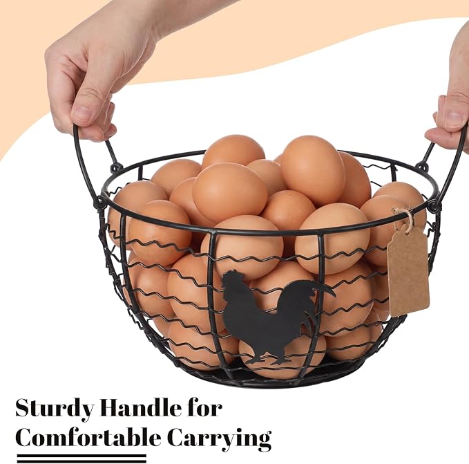 Rtteri 3 Pack Egg Basket for Gathering Fresh Eggs with Metal Handle Wire Egg Collecting Basket with Label Round Holder Countertop Rustic Farmhouse Vintage Rustic Farmhouse Kitchen Decor Fruit Storage