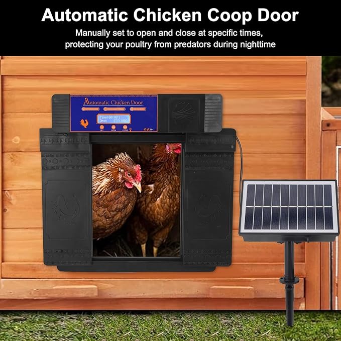 Pilipane Automatic Chicken Coop Door Opener Solar Powered Timer Anti Pinch IP45 Poultry Coop Door for Chickens Ducks Geese Plastic 403x365x85mm (Black)