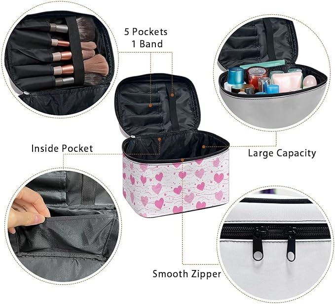 Travel Makeup Bags for Women Portable Tote Cosmetic Case with Carry Handle Toiletry Accessories Storage Organizer Bags for Valentine's Day, Heart Shapes Pink