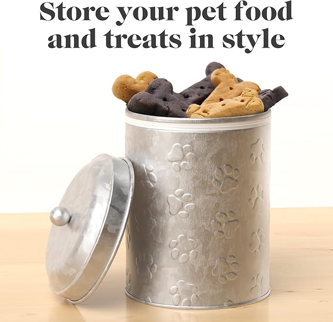 Amici Pet Puppy Paws Small Galvanized Metal Food Canister, 64 Oz Airtight Storage with Handle Lid, Embossed Paw Design for Pet Treats, Snacks, or Kibble - 8" H x 5.5" L, BPA Free