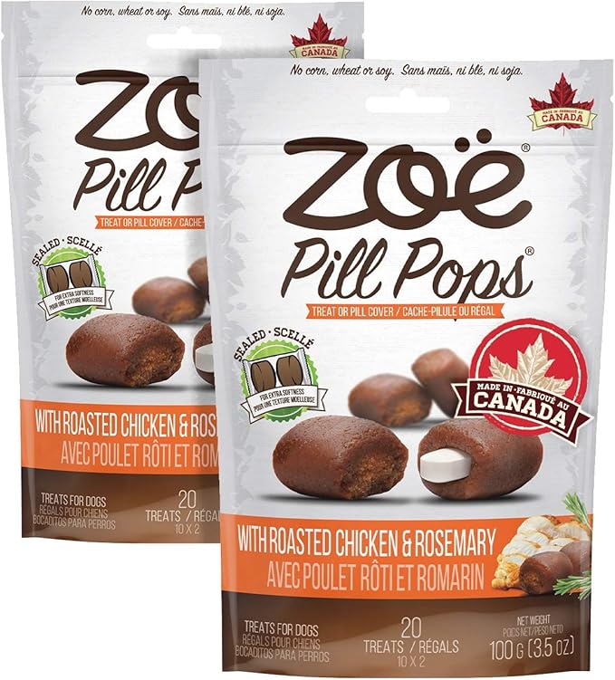 Zoe Zoë Pill Pops for Dogs, Healthy Dog Treats, All Natural Dog Treats to Hide Medication, Roasted Chicken with Rosemary Recipe, 2 Pack