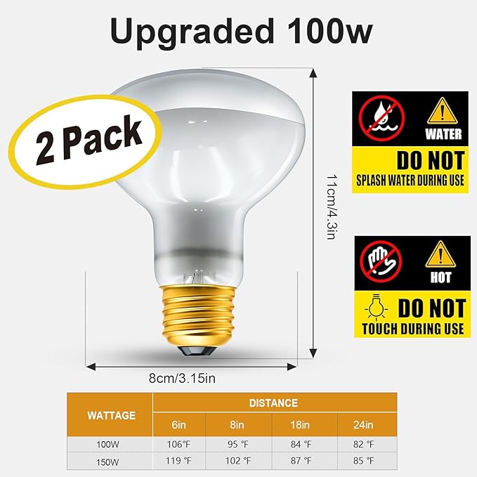 2Pack Reptile Heat Lamp Bulbs, 100W Reptile Heat Emitter Basking Spot Light, UVA Daylight Heat Lamp Bulbs for Chickens Coop Reptiles Pets Brooder Use