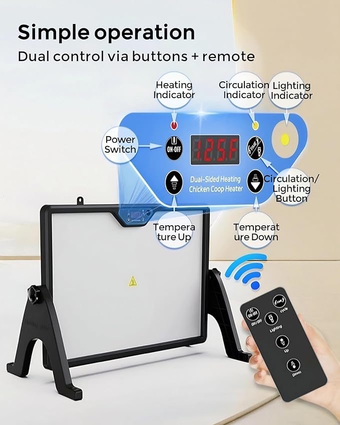 Smart Chicken Coop Heater with Thermostat, 180W Radiant Heat Panel, Adjustable Temp (86-167℉), Remote Control, Dual Sided Heating, Support Timer and Lighting, Coop Heater for Winter