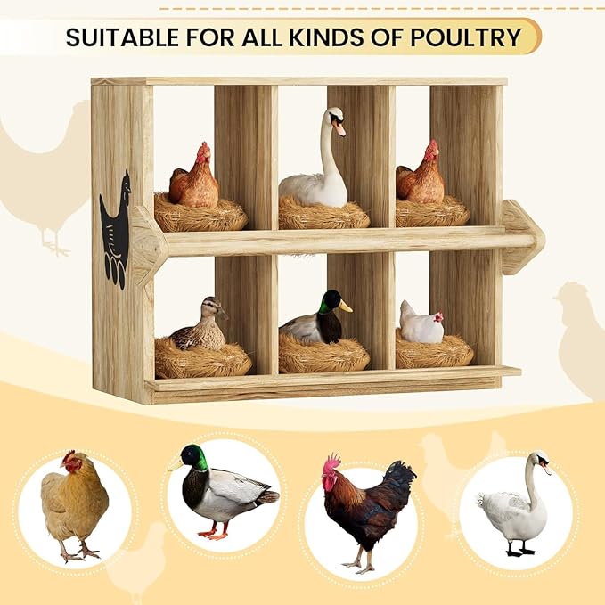 Chicken Nesting Box, 6 Compartment Wooden Nesting Boxes for Chickens with Perches, Floor/Stand/Wall Mount Large Chicken Nesting Boxes for Small & Medium Poultry