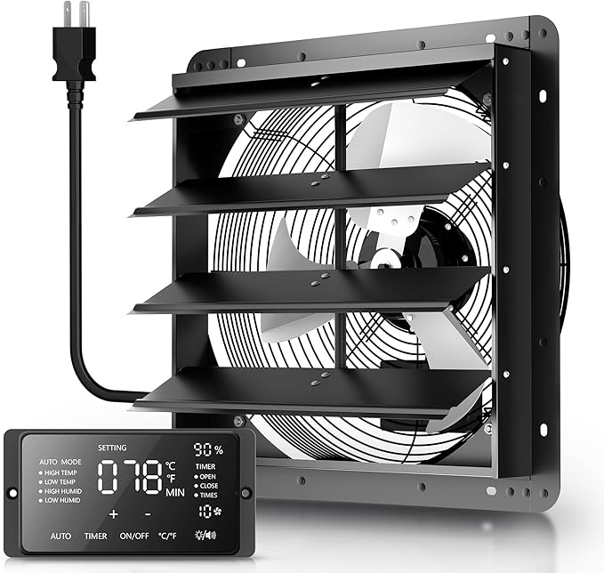 Xcity 12 inch Pro Shutter Exhaust Fan with Thermostat & Humidity controller, High Velocity Wall Mounted Fan 950 CFM, 1650 RPM Variable Speed, Auto Aluminum Attic Vent Fan for Garage, Warehouse