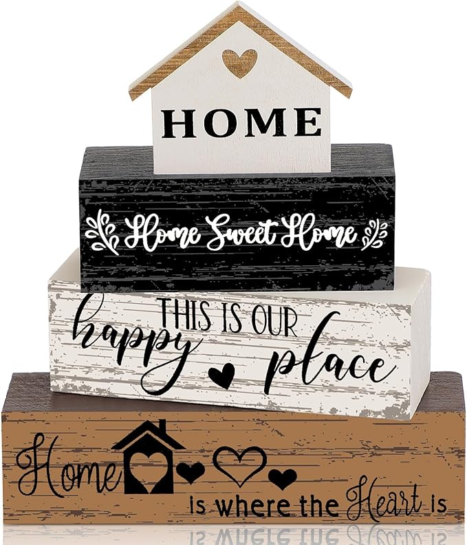 Geelin 4 Pcs Farmhouse Wooden Tabletop Decor Sweet Home Tiered Tray Decor Rustic Home Wood Sign Neutral Decorations for Wood Block Sign Coffee Shelf Desk Centerpiece Decoration